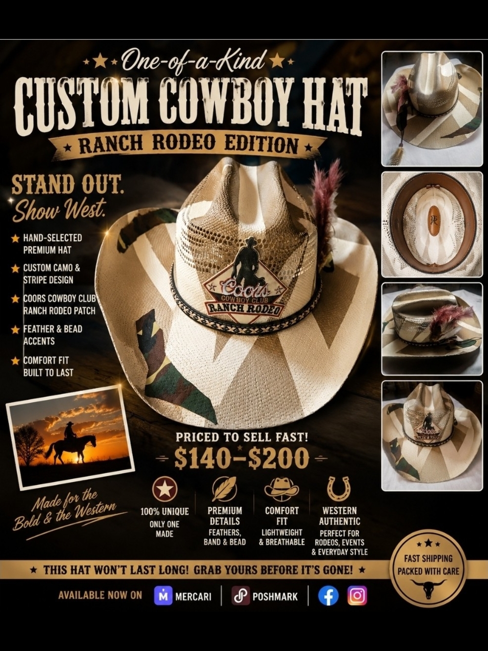Custom Coors Ranch Rodeo Cowboy Hat - Camo Stripe Design